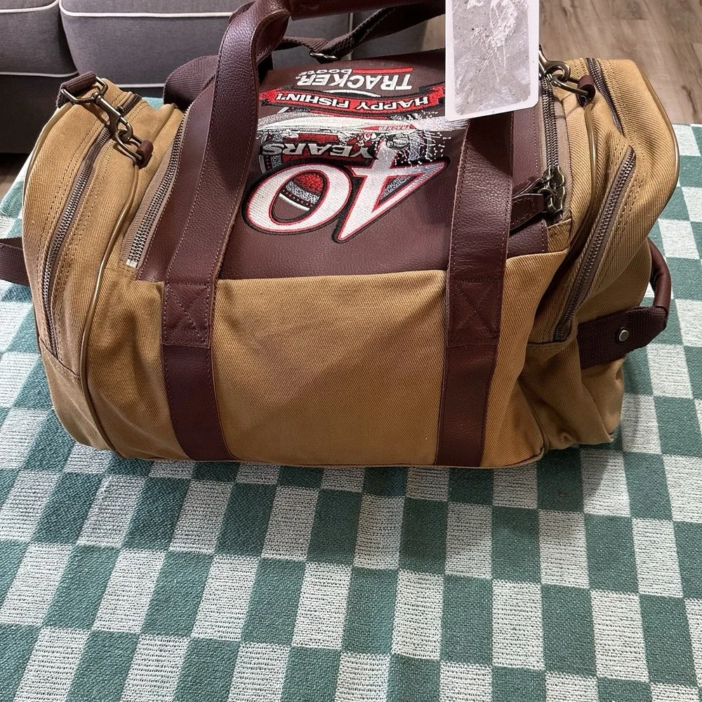 Bass Pro Tracker Fishing Tackle Duffel Bag Canvas Leather Tracker Boats 40th
